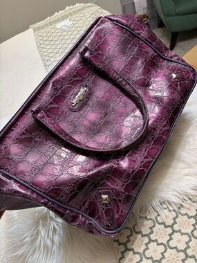 Structured Croc-Embossed Weekender Bag in Deep Plum